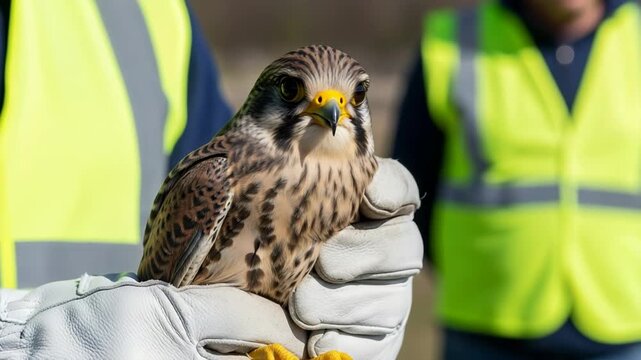Falconer holding a kestrel bird of prey with gloved hand