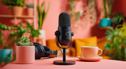 a colorful background with a pastel pink table and an orange-yellow wall in the back