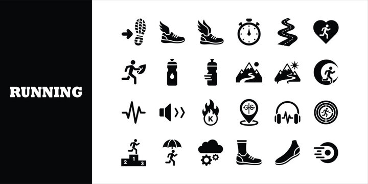 Dynamic running icons showcase athlete's journey from training to triumph with diverse sports and fitness elements