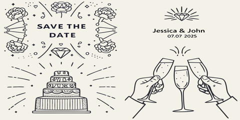 Elegant hand drawn save the date wedding announcement with cake and champagne toast