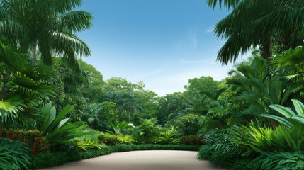 A serene path leads into a vibrant tropical jungle filled with lush green vegetation and towe palm trees beneath a clear blue sky in the tranquil daylight.