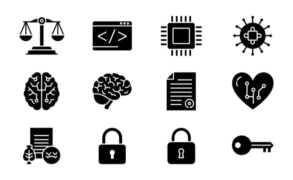 Black and white icons for technology, security, and health concepts
