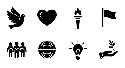Naklejka premium Peace and unity symbols: dove, heart, torch, flag, community, globe, lightbulb, growth