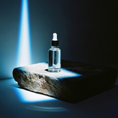 Cosmetic Bottle on Stone with Reflected Blue Light