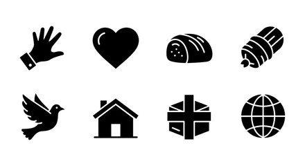 Black and white icon set: love, food, and global symbols