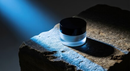 Cosmetic Bottle on Stone with Reflected Blue Light
