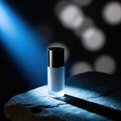 Cosmetic Bottle on Stone with Reflected Blue Light