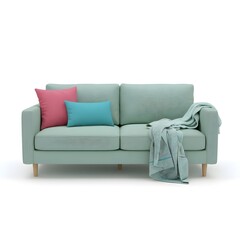 Fototapeta premium Comfortable mint couch with cushion and blanket in living room on sofa inpink andferozi colour