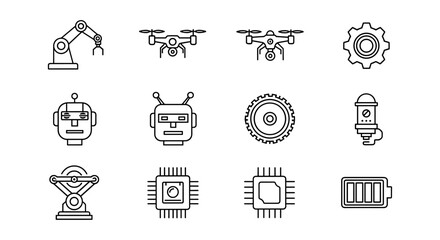 Fototapeta premium Robotics and ai icon set featuring drones, robots, and technology symbols in linear style