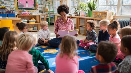 Children eagerly listen to a story during reading time in a vibrant classroom setting