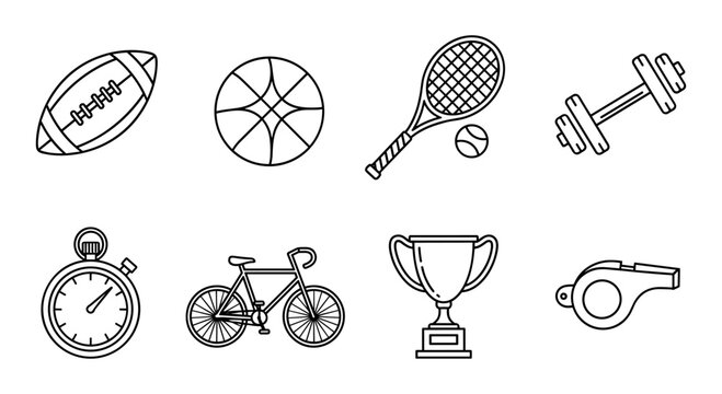 Outline set of sports equipment including ball, racket, and bicycle