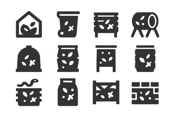 Collection of composting icons featuring various methods and containers.