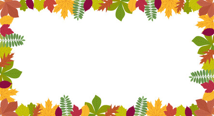 Obraz premium Colorful autumn leaves frame. Fall foliage in seasonal shades of orange, yellow, red and green. Decorative seasonal banner. Hand drawn vector illustration isolated on white background, flat style.