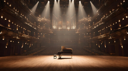 Grand piano on majestic wooden stage with dramatic lighting for concert hall design