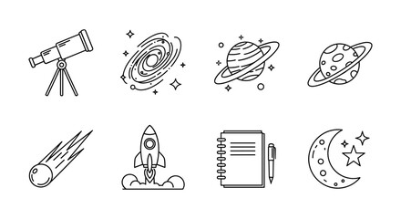 Fototapeta premium Celestial icons: telescope, galaxy, planets, and more in linear design