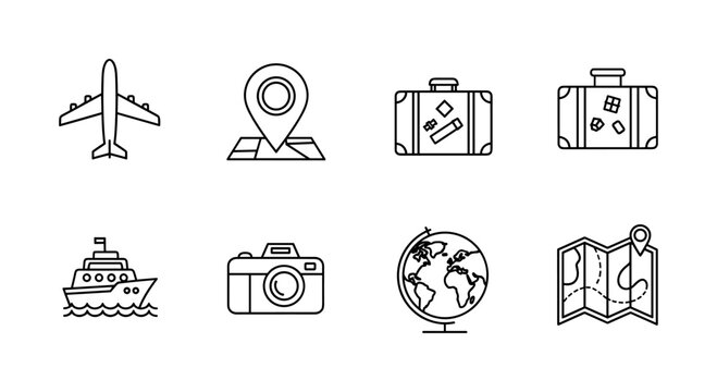 Travel icons set featuring airplane, luggage, map, and globe in linear style