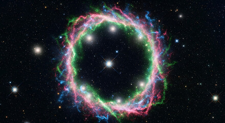 Colorful Cosmic Dust Ring Nebula with Bright Stars