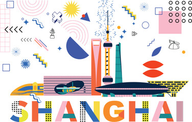 Shanghai culture travel set, video split screen, famous architecture in flat design. Business travel, Memphis concept clipart. Image for presentation, banner, website, advert, flyer, roadmap, icon