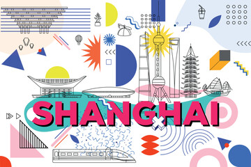 Shanghai culture travel set, video split screen, famous architecture in flat design. Business travel, Memphis concept clipart. Image for presentation, banner, website, advert, flyer, roadmap, icon
