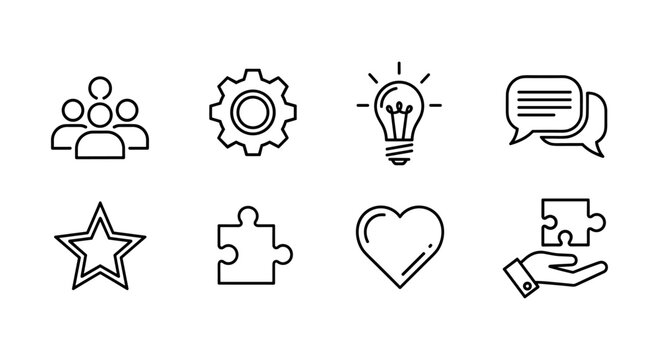 Linear icons: teamwork, innovation, communication, heart, puzzle, gear, star