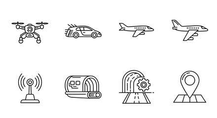 Obraz premium Transportation and technology icons set featuring modern vehicles and infrastructure