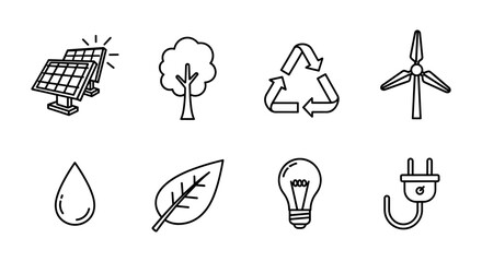 Eco-friendly icons collection: solar, tree, recycling, wind, water, leaf, light bulb, plug