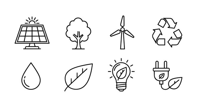 Sustainable energy and ecology icons in minimalist line art style
