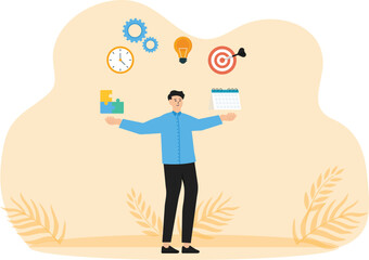 Multitasking or project management and task or work efficiency, productivity or time management and balancing work responsibilities, productive man with many hands handling multitasking work.
