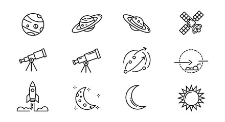 Space exploration icons set featuring planets, telescope, rocket, and celestial elements in linear style