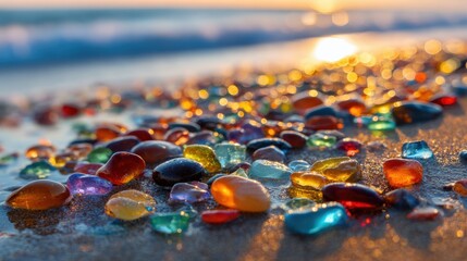 Scattered glass pieces in various colors shine brightly as waves gently lap the shore at sunset.