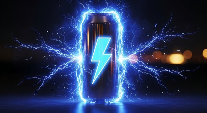 Energy drink can surrounded by electric blue lightning and sparks