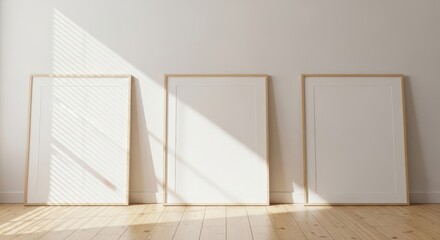 Three blank canvas frames leaning against a white wall with wooden floor, bathed in sunlight streaming through blinds