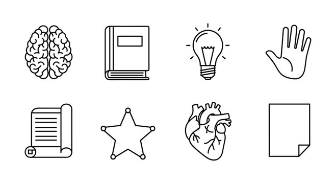 Set of minimalist line icons featuring brain, book, light bulb, hand, scroll, star, heart, and paper