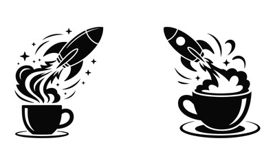Black silhouette of rockets launching from coffee cups on white background vector illustration
