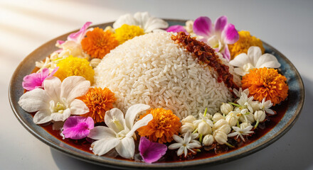 Beautifully arranged rice dish garnished with colorful flowers and spicy sauce on a plate