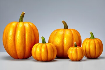 Fototapeta premium Vibrant orange pumpkins of various sizes arranged on a neutral surface, showcasing their smooth textures and seasonal charm, perfect for autumn-themed decor and celebrations
