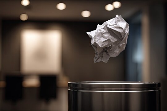 Crumpled paper floats towards a metal bin