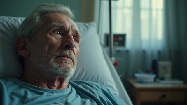 The pale, weak face of an elderly man in a hospital bed, looking towards window light
