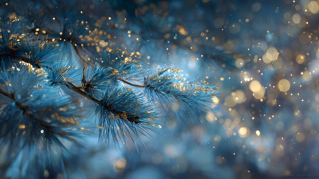 Enchanted christmas night with painted pine tree branches and magical sparkles