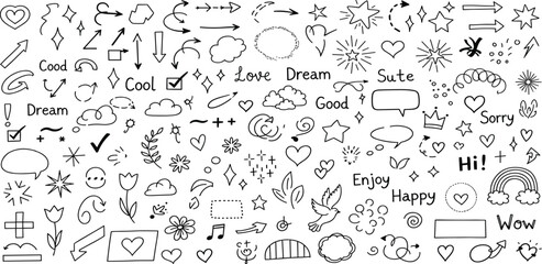 Hand-drawn doodle set of various symbols, arrows, hearts, stars, and speech bubbles for creative design