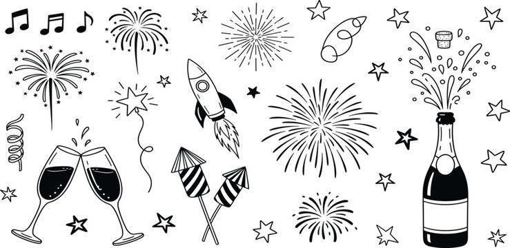 Festive celebration icons including champagne, fireworks, rockets, and music notes for a joyous occasion