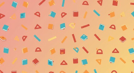 Colorful School Supplies Pattern: Books, Rulers, Protractor, Triangles on Gradient Background