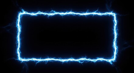Glowing blue electric energy square frame pulsating with light on black background