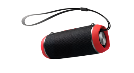 Compact black and red portable wireless speaker with sturdy strap, delivering clear sound for music lovers, detailed studio shot product, isolated on transparent background