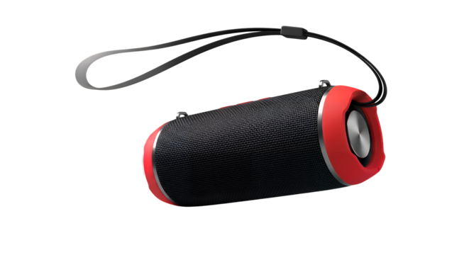 Compact black and red portable wireless speaker with sturdy strap, delivering clear sound for music lovers, detailed studio shot product, isolated on transparent background