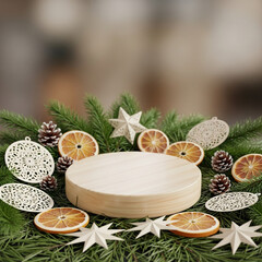 Wooden display stand with holiday decorations and dried orange slices  