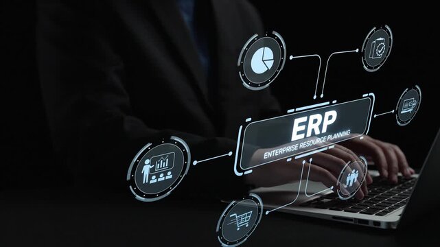 ERP platform visual showing centralized system for enterprise resource planning, improving integration, data flow, business efficiency, finance, inventory, and human resources. Muxer