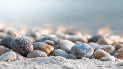 Smooth, colorful pebbles are spread across a sandy beach, reflecting sunlight. The ocean is calm in the background, enhancing the serene atmosphere of the scene.