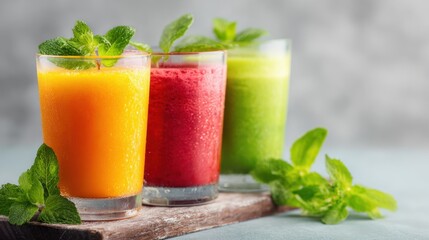 Three vibrant smoothies are displayed, showcasing flavors of orange, red berry, and green vegetable. Each glass is garnished with fresh mint leaves, enhancing the fresh feel.