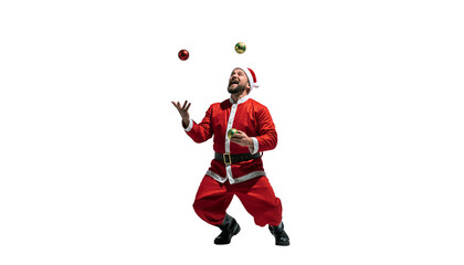 Obraz premium A man dressed as santa claus joyfully juggling colorful balls while wearing a festive hat and outfit png with transparency